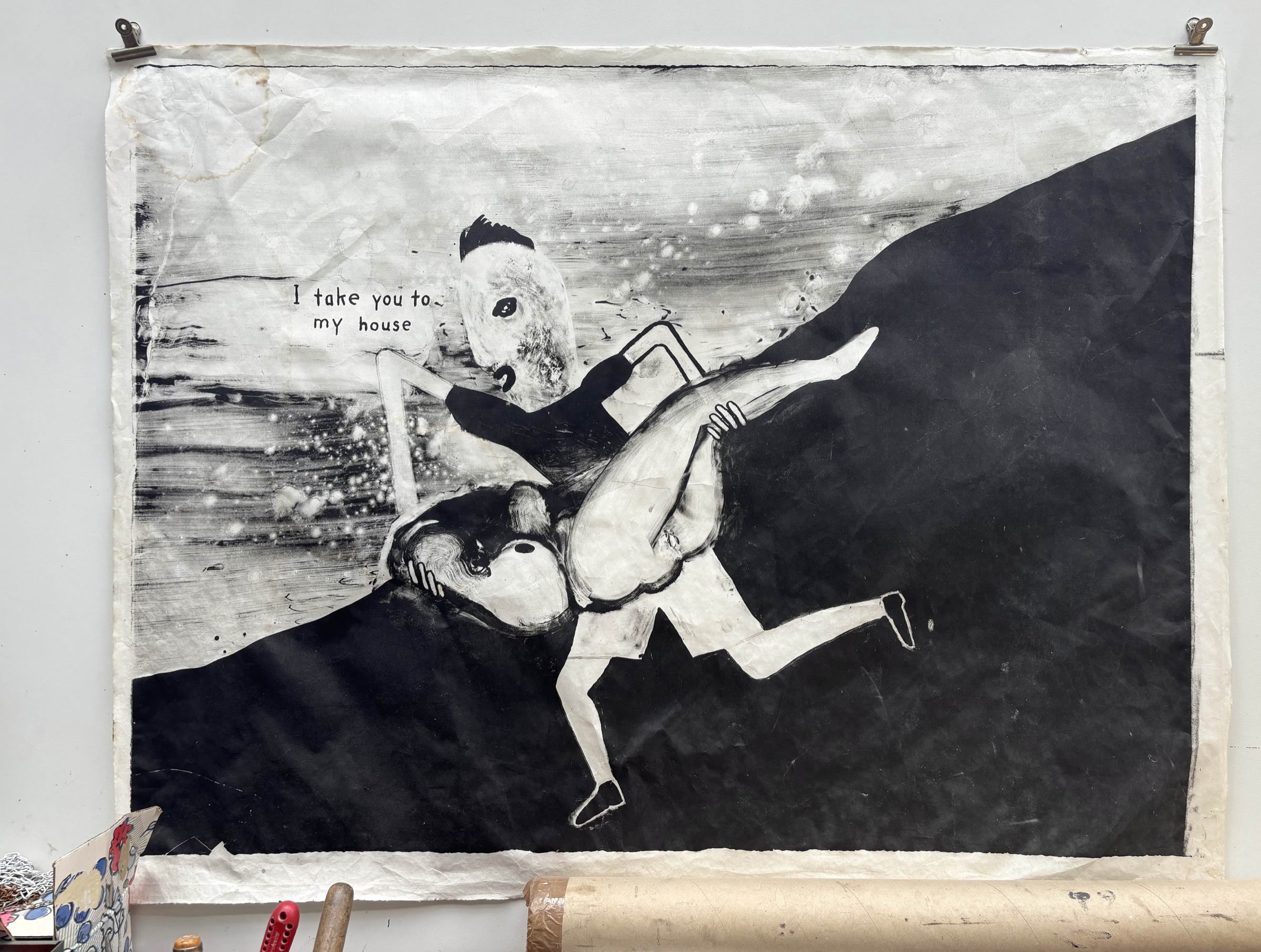 巴黎IDEM版画工作室内展出的David Lynch纸本作品,画面写有 I take you to my house