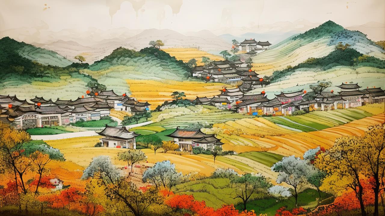 为新华社 AI 节目制作的中国山地与聚落生成影像